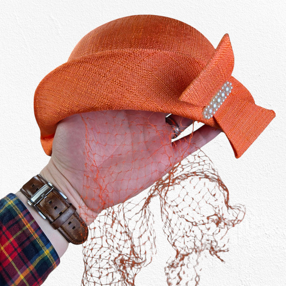 Vintage 1920s Orange Cloche Hat Pearl Bow Rolled Brim Art Deco Flapper Chic main image 8